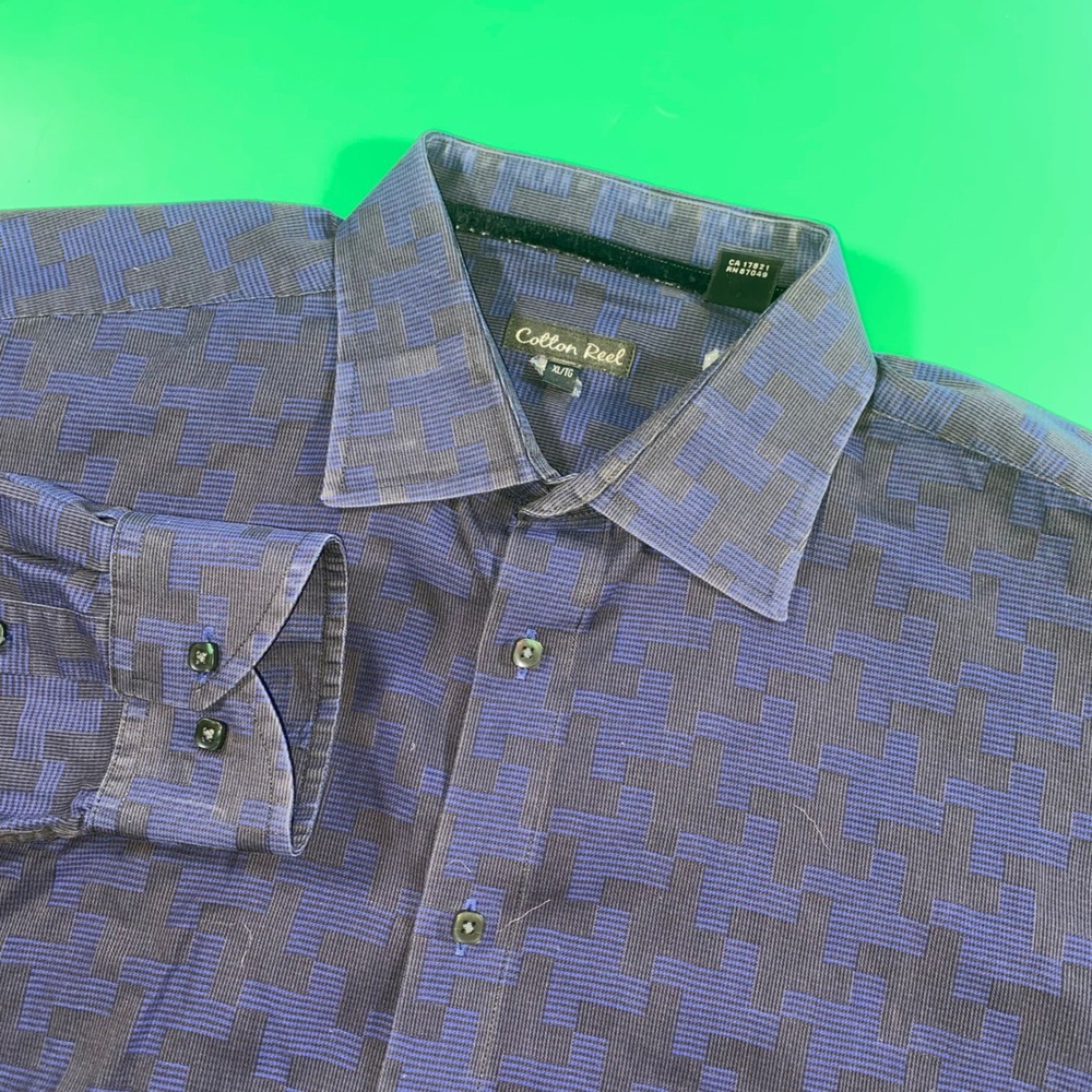 Cotton Reel Mens XL 16 Long Sleeve Blue Black Pattern Shirt